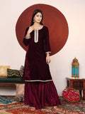 Varanga Women Lace Detailed Velvet Kurta With Sharara And Dupatta.