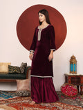 Varanga Women Lace Detailed Velvet Kurta With Sharara And Dupatta.