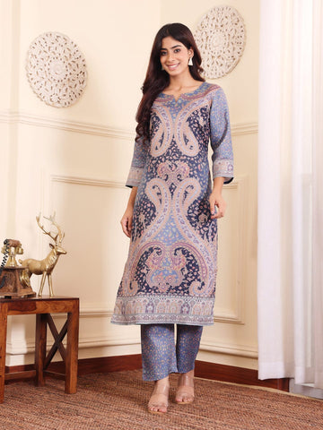 Varanga Women Blue Paisley Printed Winter Kurta With Trousers And Printed Dupatta.