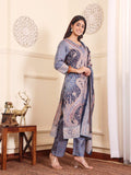 Varanga Women Blue Paisley Printed Winter Kurta With Trousers And Printed Dupatta.