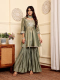 Varanga Women Gray Brocade Peplum Kurti With Sharara And Dupatta