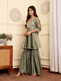 Varanga Women Gray Brocade Peplum Kurti With Sharara And Dupatta