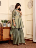 Varanga Women Gray Brocade Peplum Kurti With Sharara And Dupatta