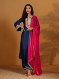 Zari & Gota Embroidered Straight  Kurta With Palazzo And Sequin Fringed Dupatta