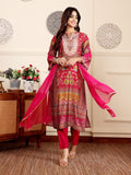 Varanga Women Pink Ethnic Floral Printed Gota Embellished Flared Sleeve Kurta With Solid Trouser. And Dupatta