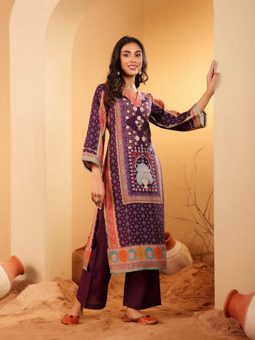 Varanga Women Purple Ethnic Printed Gota Lace Detailed Kurta With Solid Trouser & Printed Dupatta