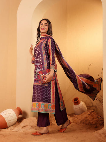 Varanga Women Purple Ethnic Printed Gota Lace Detailed Kurta With Solid Trouser & Printed Dupatta