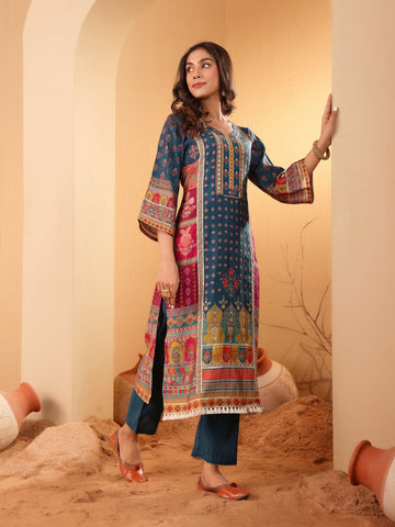 Varanga Women Teal Blue Ethnic Printed Straight Kurta With Trouser