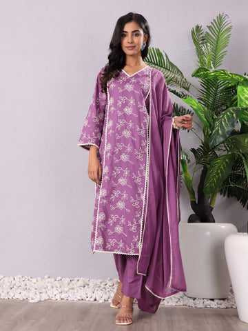 Purple Jaal Thread Embroidered Straight Kurta With Trousers And Dupatta