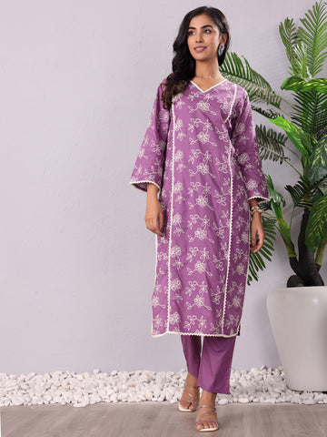 Purple Jaal Thread Embroidered Straight Kurta With Trousers And Dupatta