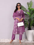 Purple Jaal Thread Embroidered Straight Kurta With Trousers And Dupatta