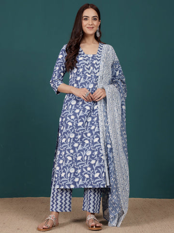 Varanga Women Ethnic Floral Printed V Neck Straight Kurta With Trouser & Dupatta