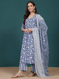 Varanga Women Ethnic Floral Printed V Neck Straight Kurta With Trouser & Dupatta