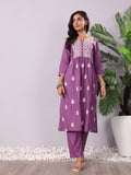 Purple Floral Thread Embroidered A-Line Kurta With Trousers And Dupatta. 