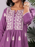 Purple Floral Thread Embroidered A-Line Kurta With Trousers And Dupatta. 