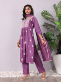 Purple Floral Thread Embroidered A-Line Kurta With Trousers And Dupatta. 