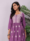 Purple Floral Thread Embroidered A-Line Kurta With Trousers And Dupatta. 