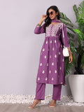 Purple Floral Thread Embroidered A-Line Kurta With Trousers And Dupatta. 