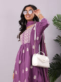 Purple Floral Thread Embroidered A-Line Kurta With Trousers And Dupatta. 