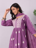 Purple Floral Thread Embroidered A-Line Kurta With Trousers And Dupatta. 