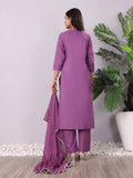 Purple Floral Thread Embroidered A-Line Kurta With Trousers And Dupatta. 