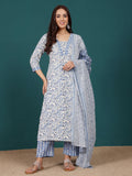 Varanga Women Ethnic Floral Printed V Neck Straight Kurta With Trouser & Dupatta