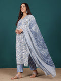 Varanga Women Ethnic Floral Printed V Neck Straight Kurta With Trouser & Dupatta