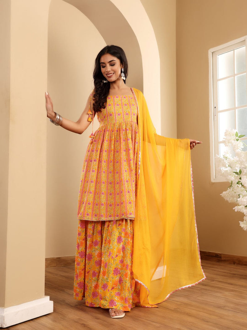 Varanga Women Floral Printed Strappy Flared Kurta With Sharara & Dupatta
