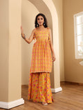 Varanga Women Floral Printed Strappy Flared Kurta With Sharara & Dupatta