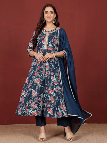 Varanga Women Floral Printed Zari Detailed Anarkali Kurta With Trouser & Dupatta