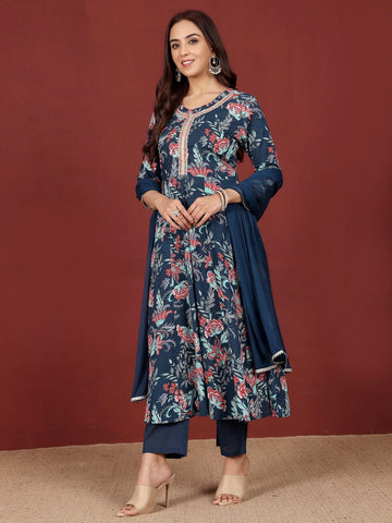 Varanga Women Floral Printed Zari Detailed Anarkali Kurta With Trouser & Dupatta