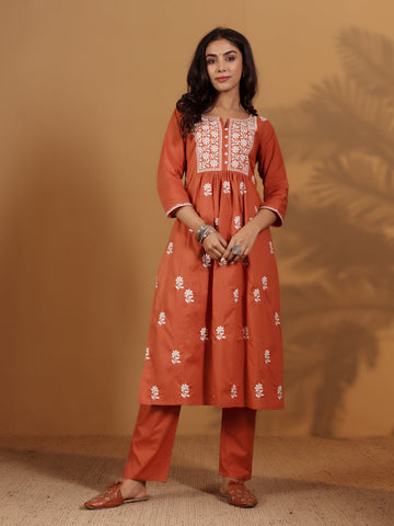 Varanga Women Chikankari Embroidered Gathered Kurta With Trouser & Dupatta