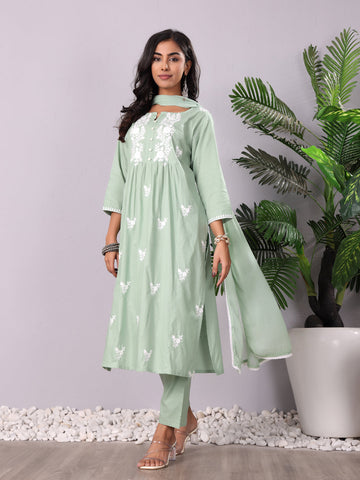 Varanga Women Chikankari Embroidered Gathered Kurta With Trouser & Dupatta