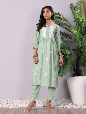 Varanga Women Chikankari Embroidered Gathered Kurta With Trouser & Dupatta