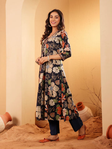 Varanga Women Navy Blue Bold Floral Printed Sequinned Embroidered Kurta With Trouser & Dupatta