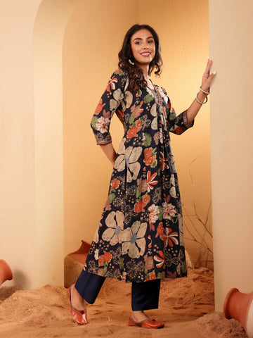 Varanga Women Navy Blue Bold Floral Printed Sequinned Embroidered Kurta With Trouser & Dupatta