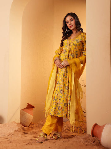 Varanga Women Yellow Floral Printed Sequinned Embroidered Kurta With Trouser & Dupatta