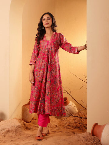 Varanga Women Pink Paisely Printed Sequinned Embroidered Kurta With Trouser & Dupatta