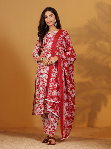 Varanga Women Ethnic Floral Printed Kurta With Trouser & Dupatta