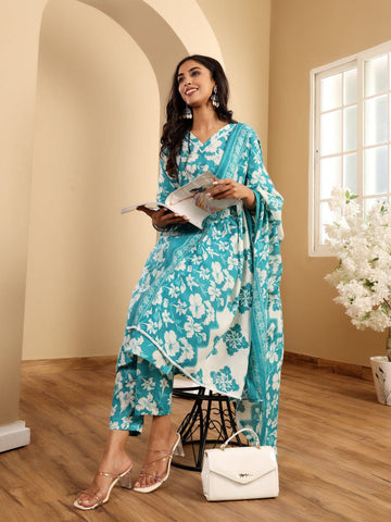 Varanga Women Floral Printed V Neck Kurta With Trouser & Dupatta