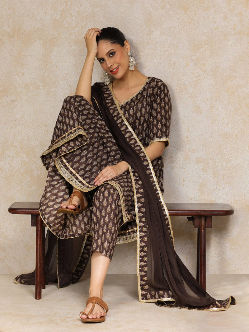 Ethnic Jaipuri Printed V Neck Sequin Detailed Anarkali With Trouser & Dupatta