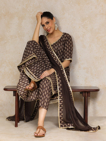 Ethnic Jaipuri Printed V Neck Sequin Detailed Anarkali With Trouser & Dupatta