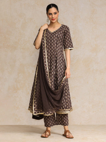 Ethnic Jaipuri Printed V Neck Sequin Detailed Anarkali With Trouser & Dupatta