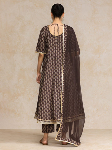 Ethnic Jaipuri Printed V Neck Sequin Detailed Anarkali With Trouser & Dupatta