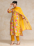 Floral Printed Boho Look Flared Sleeve Kurta With Trouser & Dupatta