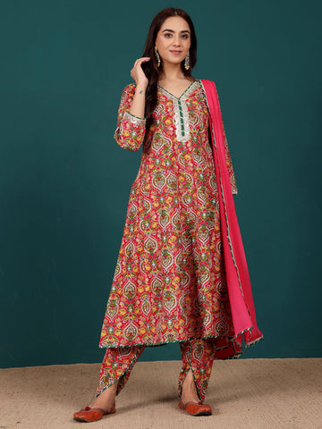 Varanga Women Ethnic Floral Printed Zari & Sequin Lace Anarkali Kurta With Dhoti Trouser & Dupatta