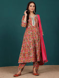 Varanga Women Ethnic Floral Printed Zari & Sequin Lace Anarkali Kurta With Dhoti Trouser & Dupatta