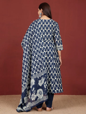 Varanga Women Ethnic Floral Printed Extedended V Neck Anarkali Kurta With Trouser & Dupatta