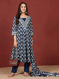 Varanga Women Ethnic Floral Printed Extedended V Neck Anarkali Kurta With Trouser & Dupatta