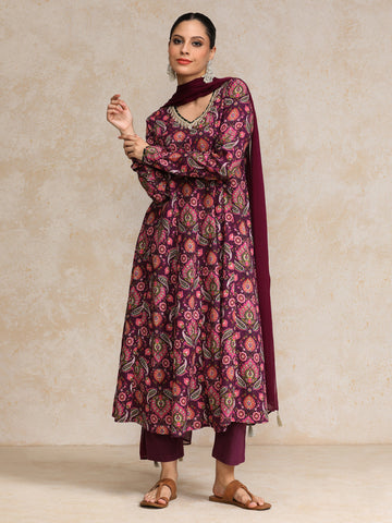 Ethnic Printed V Neck Chudidar Sleeve Anarkali With Trouser & Dupatta